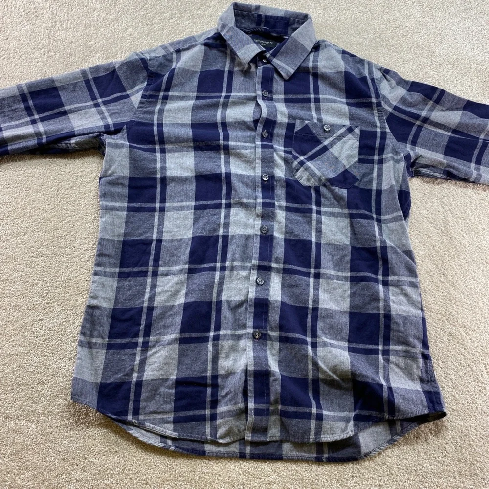 Banana Republic Flannel‎ Shirt Mens Medium Blue Grey Plaid Standard Fit Cotton
